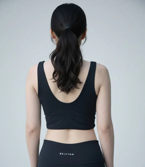 Back view of the BELVYNN High-Impact Signature Bra in Black, engineered with anti-gravity support and moisture-wicking technology. 