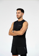 Close-up shot of the BELVYNN Men’s Essential Tank Top in black, showing the breathable fabric and athletic cut for high-intensity training.