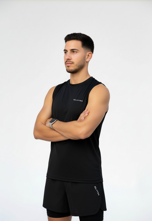 Close-up shot of the BELVYNN Men’s Essential Tank Top in black, showing the breathable fabric and athletic cut for high-intensity training.