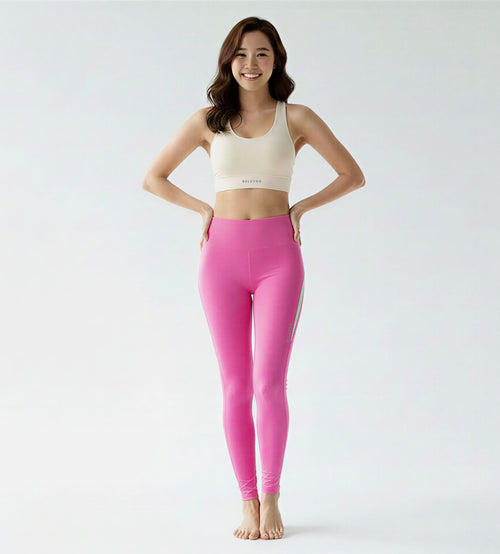 Front view of BELVYNN Women’s Long-Inseam Leggings in pink, featuring high-rise support and premium 40% Spandex stability.