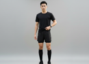 Full front view of a male model wearing BELVYNN Men’s premium 2-layer Essential Gym Shorts in black with a 5-inch pro-inseam, optimized for the Asian athlete’s mobility and fit.