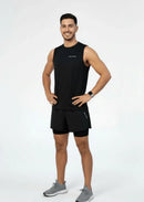 Full front view of the BELVYNN Men’s Essential Tank Top in black, showing the breathable fabric and athletic cut for high-intensity training.