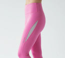 Side close up view of BELVYNN Women’s Long-Inseam Leggings in pink, featuring high-rise support and premium 40% Spandex stability.