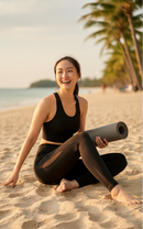 Sitting view of BELVYNN Women’s Long-Inseam Leggings in charcoal, featuring high-rise support and premium 40% Spandex stability.