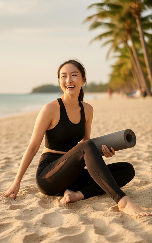 Sitting view of BELVYNN Women’s Long-Inseam Leggings in charcoal, featuring high-rise support and premium 40% Spandex stability.