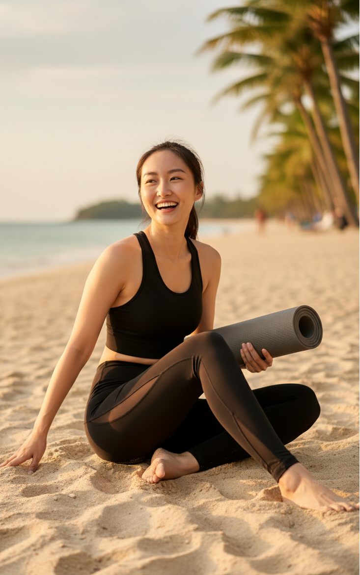 Sitting view of BELVYNN Women’s Long-Inseam Leggings in charcoal, featuring high-rise support and premium 40% Spandex stability.