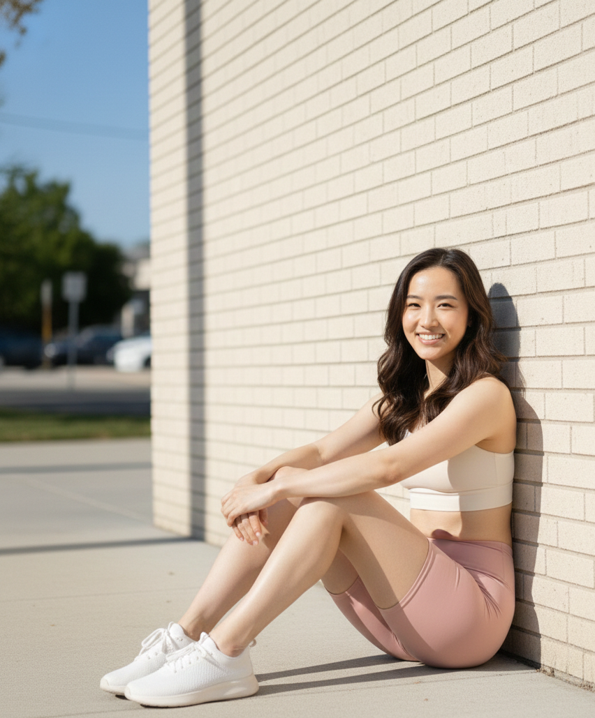 Woman sitting against a brick wall on a sunny day wearing BELVYNN activewear