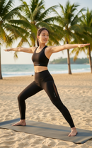 Yoga pose view of BELVYNN Women’s Long-Inseam Leggings in charcoal, featuring high-rise support and premium 40% Spandex stability.